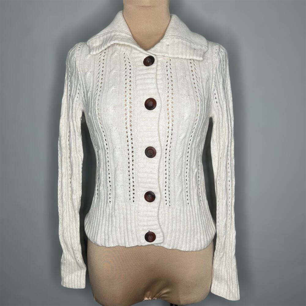 Twiggy Wool Blend Cardigan Sweater Medium Womens Cream Angora Button Turtleneck